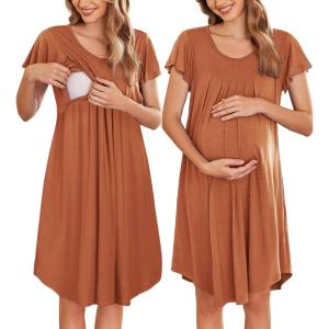 Ekouaer Nursing Nightgown Labor and Delivery Gown Hospital Breastfeeding Dress for Women Short Sleeve Maternity Sleepwear(Brick Red)