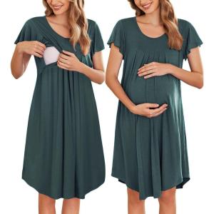 Ekouaer Nursing Nightgown Labor and Delivery Gown Hospital Breastfeeding Dress for Women Short Sleeve Maternity Sleepwear(Dark Green)