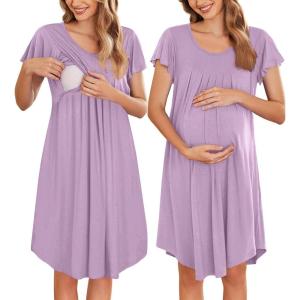 Ekouaer Nursing Nightgown Labor and Delivery Gown Hospital Breastfeeding Dress for Women Short Sleeve Maternity Sleepwear(G Purple)
