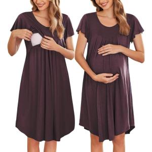 Ekouaer Nursing Nightgown Labor and Delivery Gown Hospital Breastfeeding Dress for Women Short Sleeve Maternity Sleepwear(Maroon Red)