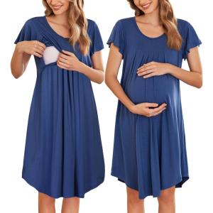 Ekouaer Nursing Nightgown Labor and Delivery Gown Hospital Breastfeeding Dress for Women Short Sleeve Maternity Sleepwear(Navy Blue)