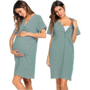 Ekouaer Nursing Nightgown Striped Women Short Sleeve Breastfeeding Sleep Dress Maternity Delivery/Labor Gown(Dark Green)