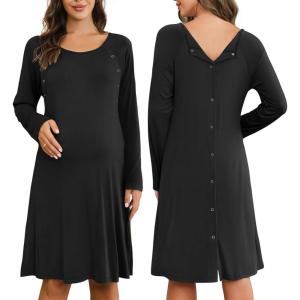 Ekouaer Women Maternity Nightgown Labor Delivery Nursing Gown Hospital Breastfeeding Dress Button Down Long Sleeve Sleepwear(Black)