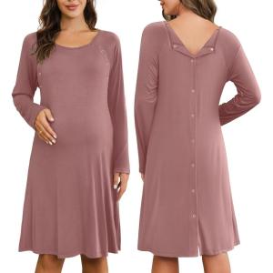 Ekouaer Women Maternity Nightgown Labor Delivery Nursing Gown Hospital Breastfeeding Dress Button Down Long Sleeve Sleepwear(Dusty Pink)