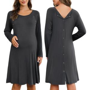 Ekouaer Women Maternity Nightgown Labor Delivery Nursing Gown Hospital Breastfeeding Dress Button Down Long Sleeve Sleepwear(Gray)