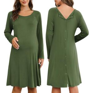 Ekouaer Women Maternity Nightgown Labor Delivery Nursing Gown Hospital Breastfeeding Dress Button Down Long Sleeve Sleepwear(Green)