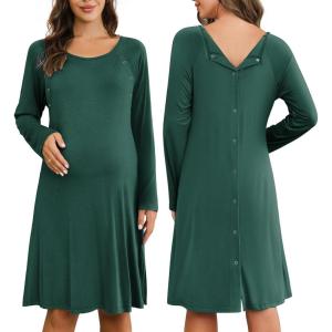 Ekouaer Women Maternity Nightgown Labor Delivery Nursing Gown Hospital Breastfeeding Dress Button Down Long Sleeve Sleepwear(Lake Green)