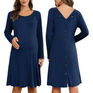 Ekouaer Women Maternity Nightgown Labor Delivery Nursing Gown Hospital Breastfeeding Dress Button Down Long Sleeve Sleepwear(Navy)