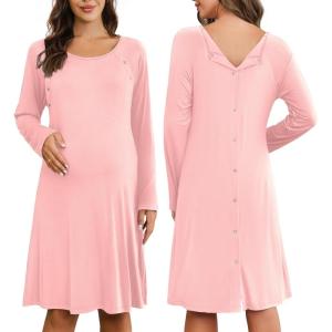 Ekouaer Women Maternity Nightgown Labor Delivery Nursing Gown Hospital Breastfeeding Dress Button Down Long Sleeve Sleepwear(Pink)