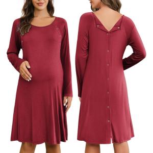 Ekouaer Women Maternity Nightgown Labor Delivery Nursing Gown Hospital Breastfeeding Dress Button Down Long Sleeve Sleepwear(Wine Red)
