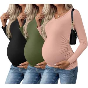 Ekouaer Womens Maternity Shirts Long Sleeve 3 Packs Pregnancy V-Neck Clothes Side Ruched Blouse Tops for Mama S-XXL(Black/Army Green/Dirty Pink)