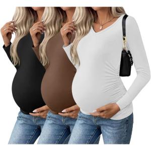 Ekouaer Womens Maternity Shirts Long Sleeve 3 Packs Pregnancy V-Neck Clothes Side Ruched Blouse Tops for Mama S-XXL(Black/Brown/White)