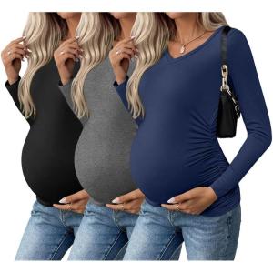 Ekouaer Womens Maternity Shirts Long Sleeve 3 Packs Pregnancy V-Neck Clothes Side Ruched Blouse Tops for Mama S-XXL(Black/Dark Grey/Navy Blue)