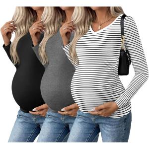 Ekouaer Womens Maternity Shirts Long Sleeve 3 Packs Pregnancy V-Neck Clothes Side Ruched Blouse Tops for Mama S-XXL(Black/Dark Grey/White Stripe)