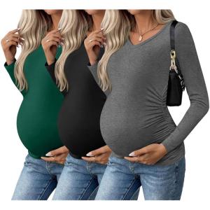 Ekouaer Womens Maternity Shirts Long Sleeve 3 Packs Pregnancy V-Neck Clothes Side Ruched Blouse Tops for Mama S-XXL(Dark Green/Black/Dark Grey)