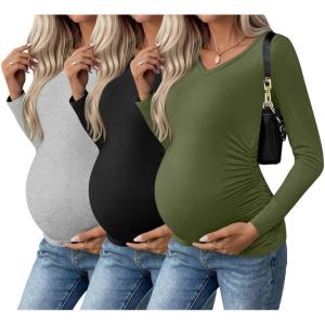 Ekouaer Womens Maternity Shirts Long Sleeve 3 Packs Pregnancy V-Neck Clothes Side Ruched Blouse Tops for Mama S-XXL(Light Grey/Black/Army Green)