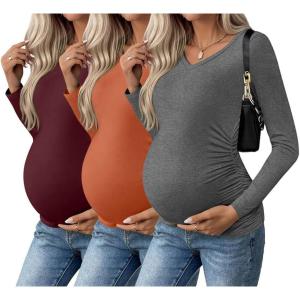 Ekouaer Womens Maternity Shirts Long Sleeve 3 Packs Pregnancy V-Neck Clothes Side Ruched Blouse Tops for Mama S-XXL(Maroon/Caramel/Dark Grey)