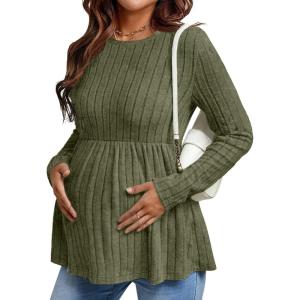 Ekouaer Womens Maternity Tops Long Sleeve Pregnancy Tunic Blouses Crew Neck Ribbed Shirts Pregnant Clothes(Army Green)