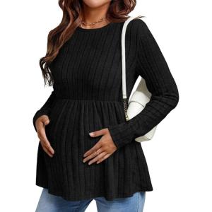 Ekouaer Womens Maternity Tops Long Sleeve Pregnancy Tunic Blouses Crew Neck Ribbed Shirts Pregnant Clothes(Black)