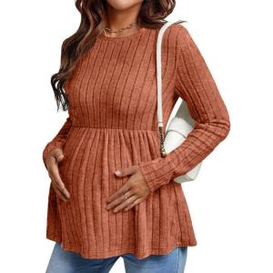 Ekouaer Womens Maternity Tops Long Sleeve Pregnancy Tunic Blouses Crew Neck Ribbed Shirts Pregnant Clothes(Caramel)
