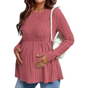 Ekouaer Womens Maternity Tops Long Sleeve Pregnancy Tunic Blouses Crew Neck Ribbed Shirts Pregnant Clothes(Dusty Rose)