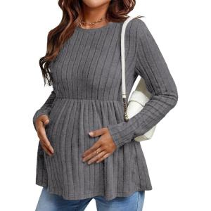 Ekouaer Womens Maternity Tops Long Sleeve Pregnancy Tunic Blouses Crew Neck Ribbed Shirts Pregnant Clothes(Grey)