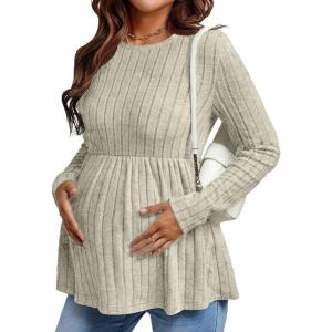 Ekouaer Womens Maternity Tops Long Sleeve Pregnancy Tunic Blouses Crew Neck Ribbed Shirts Pregnant Clothes(Light Brown)