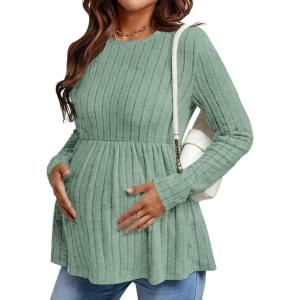 Ekouaer Womens Maternity Tops Long Sleeve Pregnancy Tunic Blouses Crew Neck Ribbed Shirts Pregnant Clothes(Light Green)
