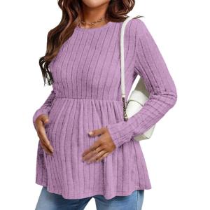 Ekouaer Womens Maternity Tops Long Sleeve Pregnancy Tunic Blouses Crew Neck Ribbed Shirts Pregnant Clothes(Light Purple)