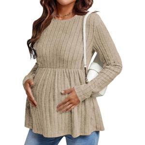 Ekouaer Womens Maternity Tops Long Sleeve Pregnancy Tunic Blouses Crew Neck Ribbed Shirts Pregnant Clothes(Mocha Brown)