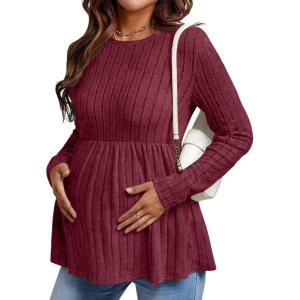 Ekouaer Womens Maternity Tops Long Sleeve Pregnancy Tunic Blouses Crew Neck Ribbed Shirts Pregnant Clothes(Wine Red)