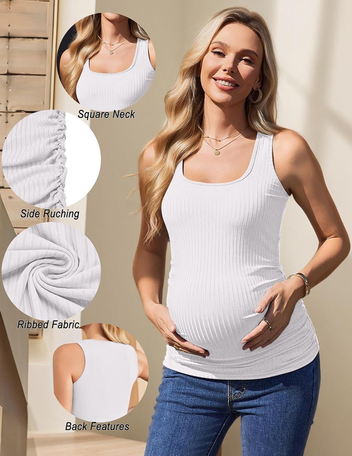 imageEkouaer 4 Pack Maternity Tank Tops Ribbed Summer Pregnancy Shirts Ruch Side Tops Casual Square Neck Postpartum Clothes S2XLBlackLight BlueDark GreyWhite