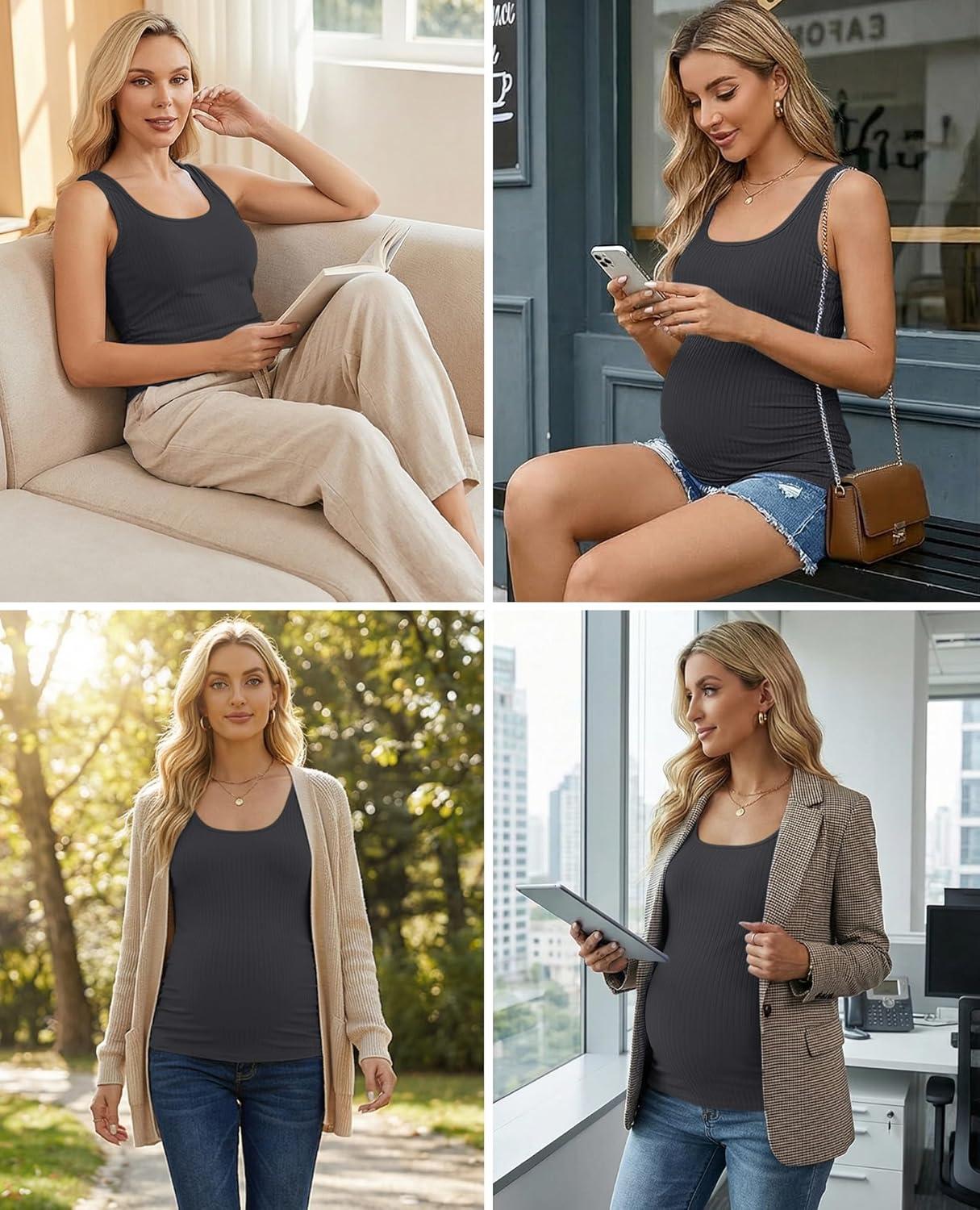 imageEkouaer 4 Pack Maternity Tank Tops Ribbed Summer Pregnancy Shirts Ruch Side Tops Casual Square Neck Postpartum Clothes S2XLBlackLight BlueDark GreyWhite