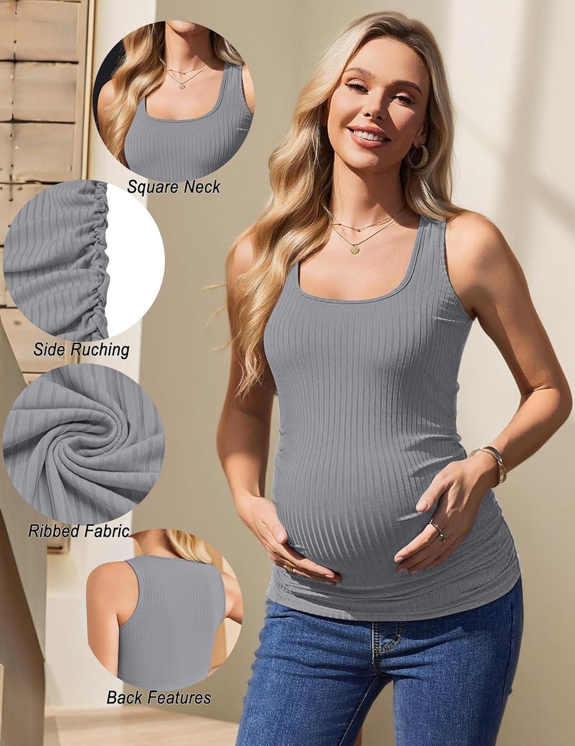 imageEkouaer 4 Pack Maternity Tank Tops Ribbed Summer Pregnancy Shirts Ruch Side Tops Casual Square Neck Postpartum Clothes S2XLBlackLight GreyBrownWhite