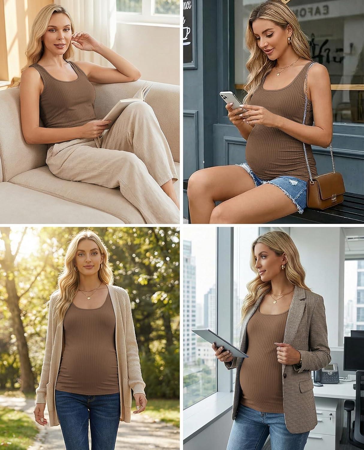 imageEkouaer 4 Pack Maternity Tank Tops Ribbed Summer Pregnancy Shirts Ruch Side Tops Casual Square Neck Postpartum Clothes S2XLBlackLight GreyBrownWhite