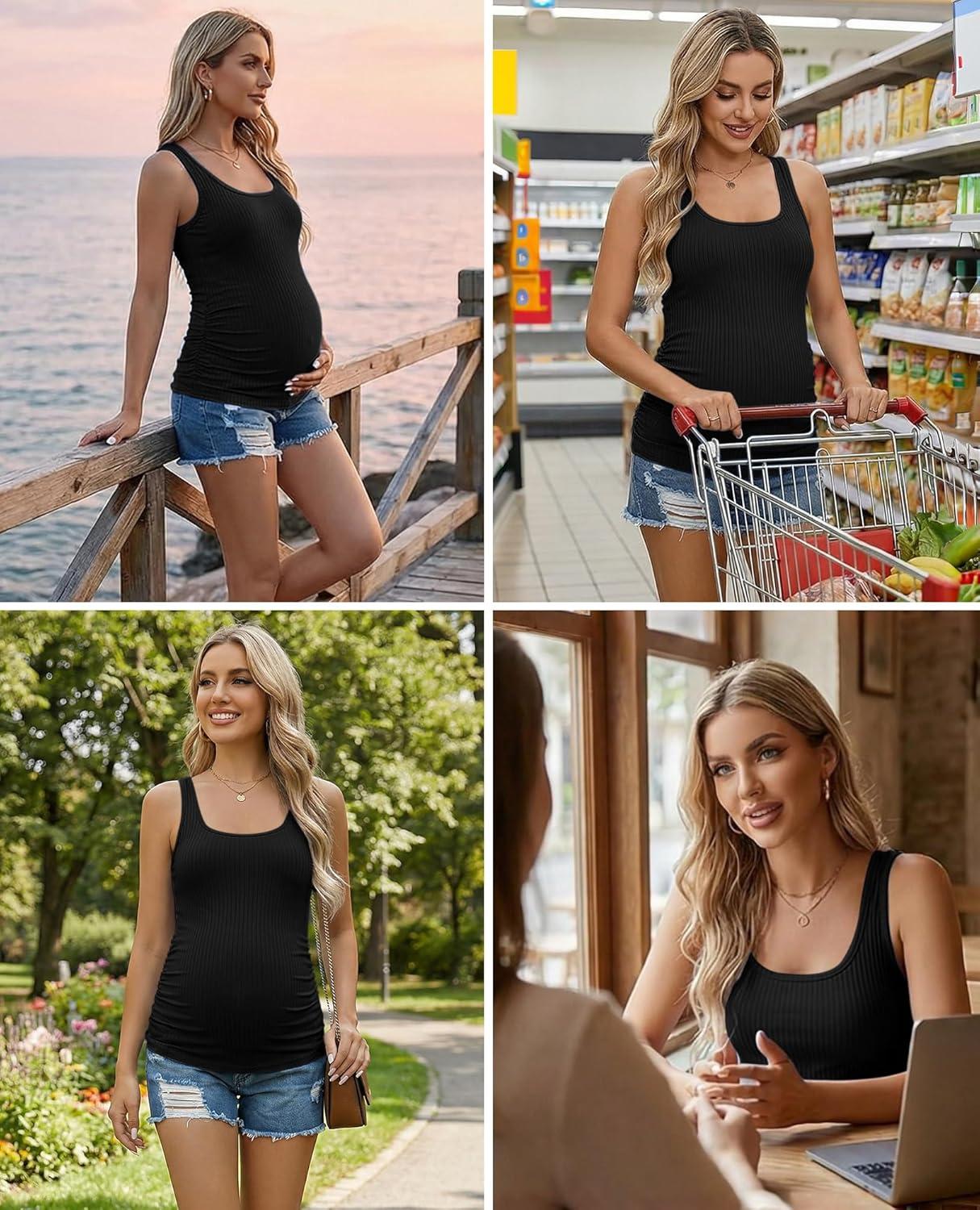 imageEkouaer 4 Pack Maternity Tank Tops Ribbed Summer Pregnancy Shirts Ruch Side Tops Casual Square Neck Postpartum Clothes S2XLBlackLight GreyBrownWhite