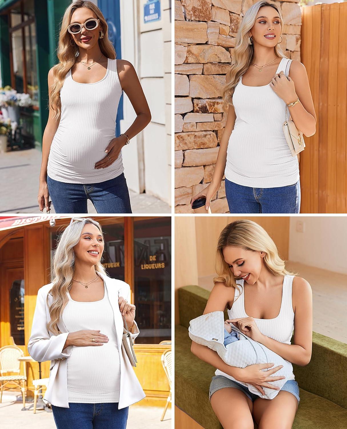 imageEkouaer 4 Pack Maternity Tank Tops Ribbed Summer Pregnancy Shirts Ruch Side Tops Casual Square Neck Postpartum Clothes S2XLBlackLight GreyBrownWhite