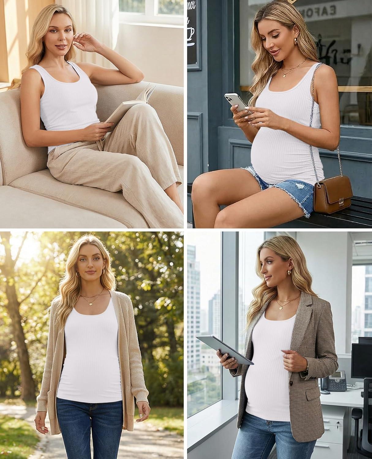 imageEkouaer 4 Pack Maternity Tank Tops Ribbed Summer Pregnancy Shirts Ruch Side Tops Casual Square Neck Postpartum Clothes S2XLBlackOlive GreenLight GreyWhite