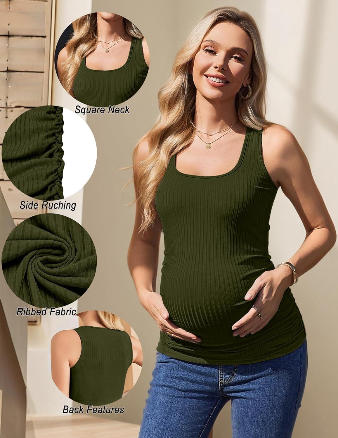 imageEkouaer 4 Pack Maternity Tank Tops Ribbed Summer Pregnancy Shirts Ruch Side Tops Casual Square Neck Postpartum Clothes S2XLBlackOlive GreenLight GreyWhite