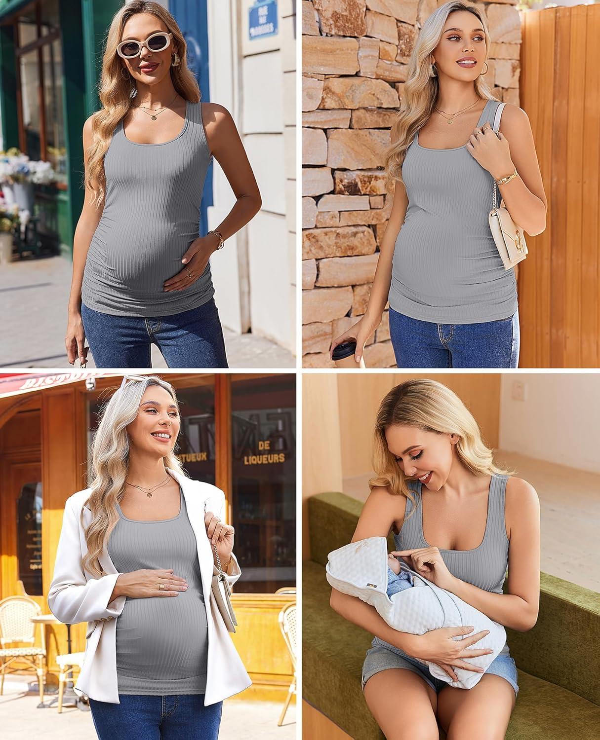 imageEkouaer 4 Pack Maternity Tank Tops Ribbed Summer Pregnancy Shirts Ruch Side Tops Casual Square Neck Postpartum Clothes S2XLBlackOlive GreenLight GreyWhite