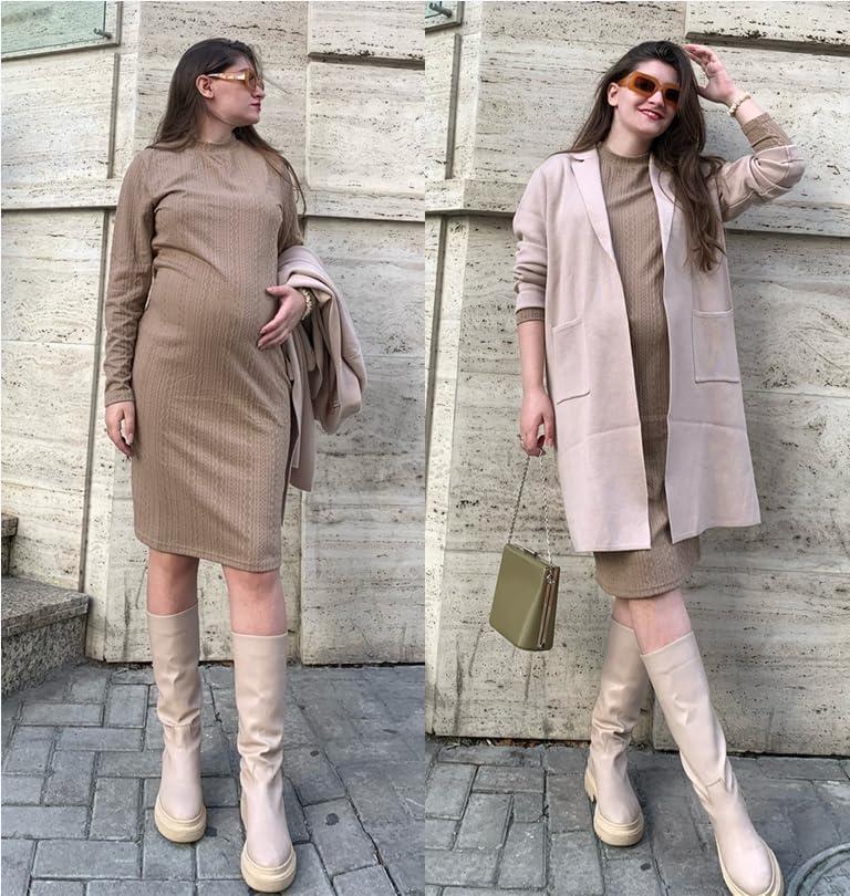 imageEkouaer Maternity Dress Mock Turtleneck Pregnancy Dress Rib Knit Stretchy Bodycon Baby Shower DressKhaki