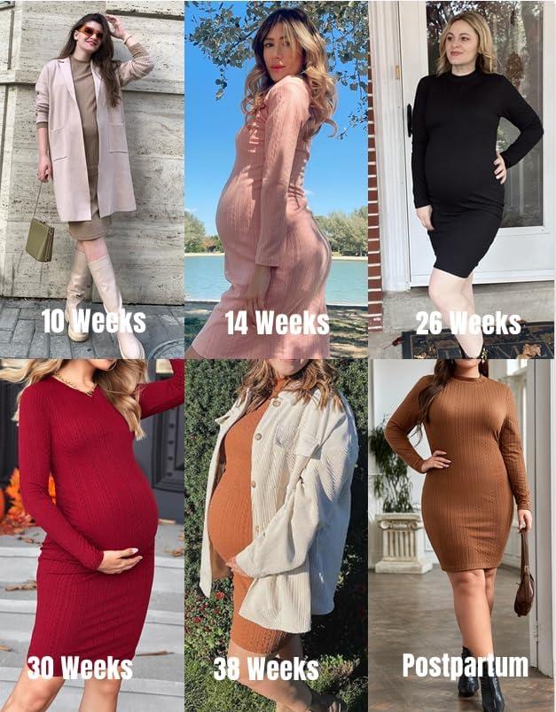 imageEkouaer Maternity Dress Mock Turtleneck Pregnancy Dress Rib Knit Stretchy Bodycon Baby Shower DressMint Green