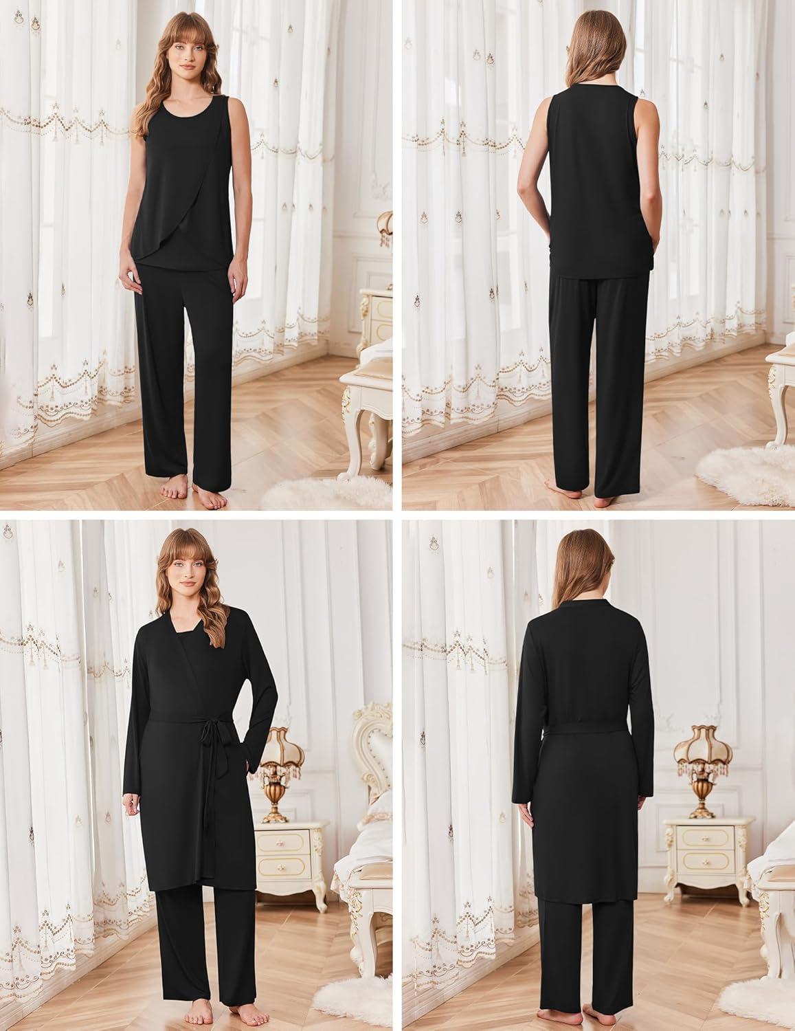 imageEkouaer Maternity Nursing Robe Set 3 Pieces Sleeveless Top Pregnancy Pants amp Robe Double Layer Pajamas SXXLBlack