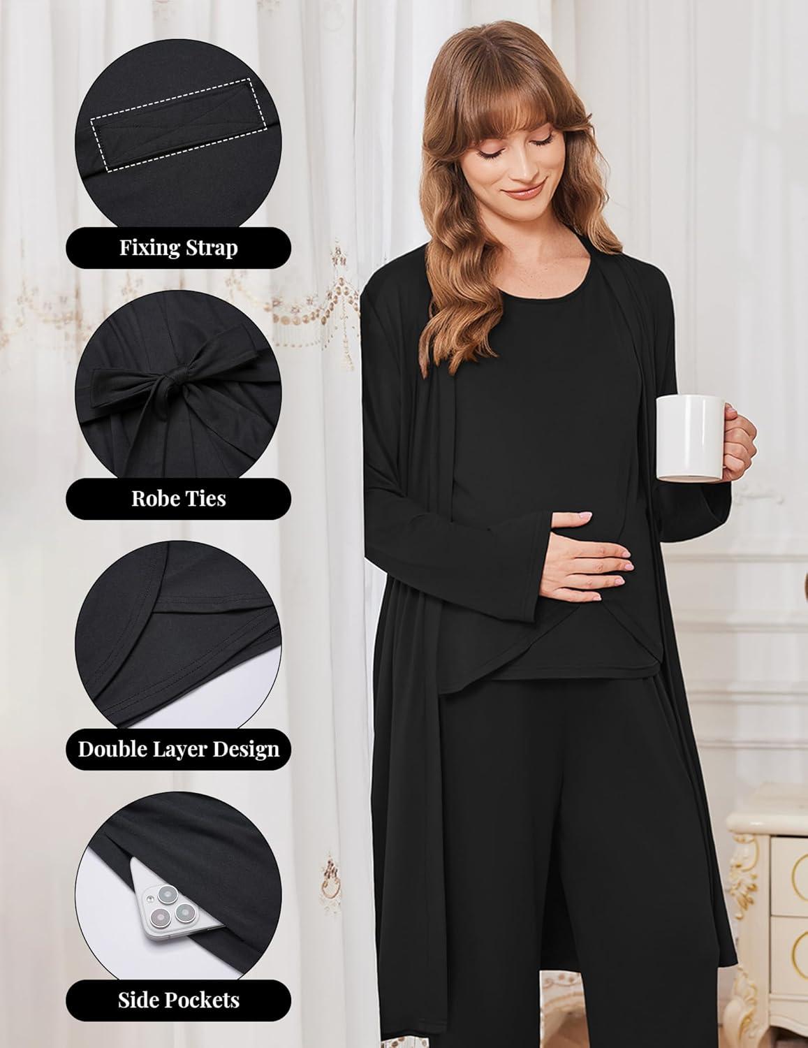 imageEkouaer Maternity Nursing Robe Set 3 Pieces Sleeveless Top Pregnancy Pants amp Robe Double Layer Pajamas SXXLBlack