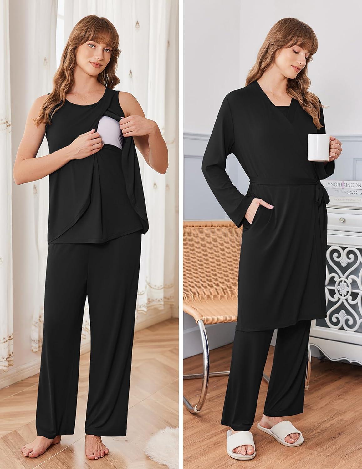 imageEkouaer Maternity Nursing Robe Set 3 Pieces Sleeveless Top Pregnancy Pants amp Robe Double Layer Pajamas SXXLBlack