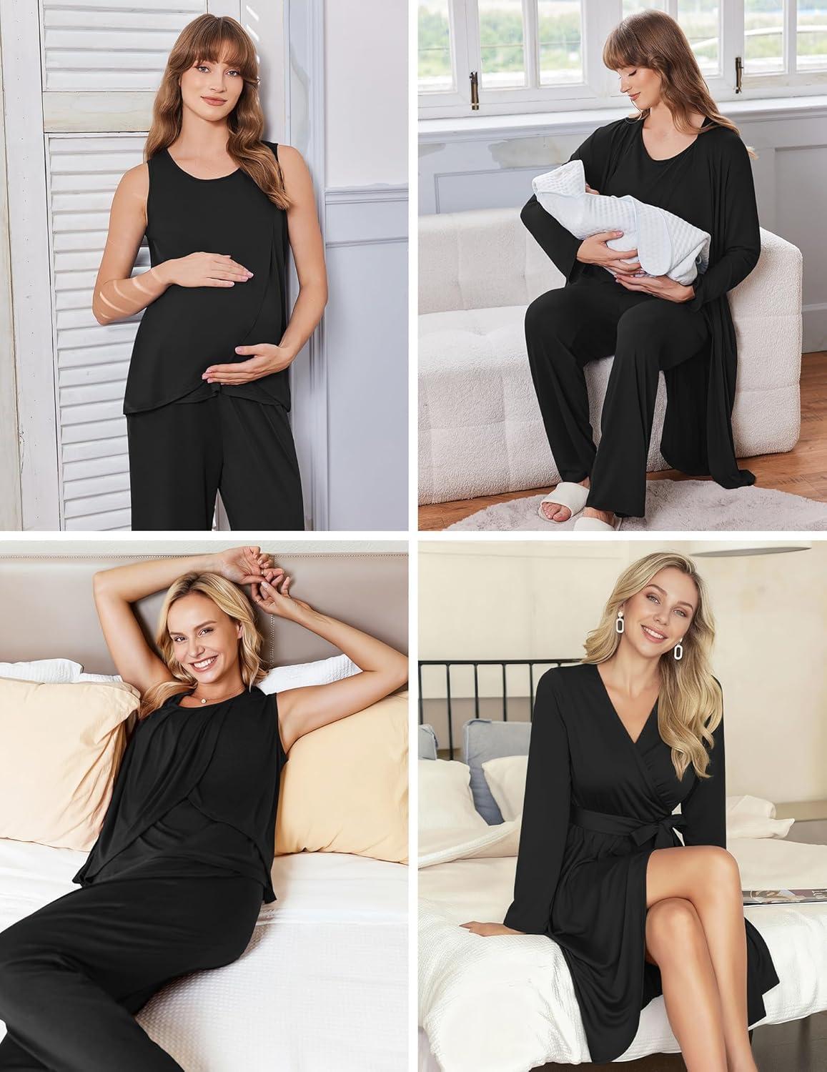 imageEkouaer Maternity Nursing Robe Set 3 Pieces Sleeveless Top Pregnancy Pants amp Robe Double Layer Pajamas SXXLBlack