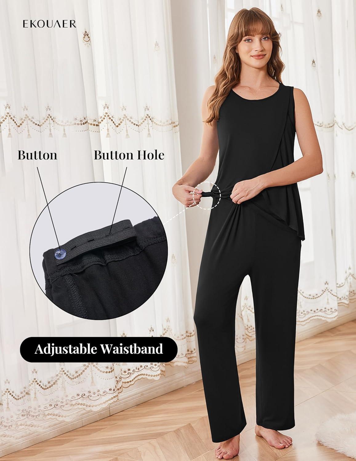 imageEkouaer Maternity Nursing Robe Set 3 Pieces Sleeveless Top Pregnancy Pants amp Robe Double Layer Pajamas SXXLBlack