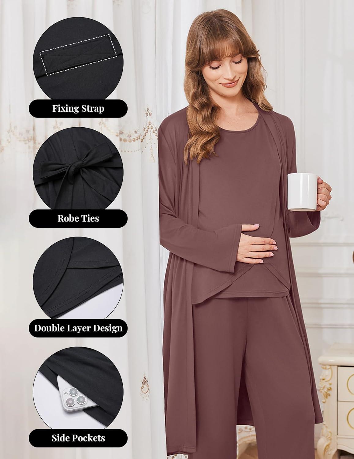 imageEkouaer Maternity Nursing Robe Set 3 Pieces Sleeveless Top Pregnancy Pants amp Robe Double Layer Pajamas SXXLBrown