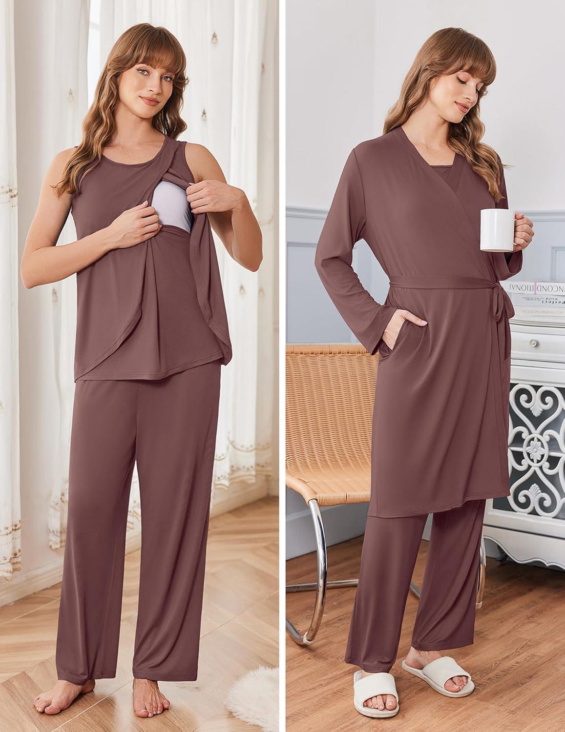 imageEkouaer Maternity Nursing Robe Set 3 Pieces Sleeveless Top Pregnancy Pants amp Robe Double Layer Pajamas SXXLBrown