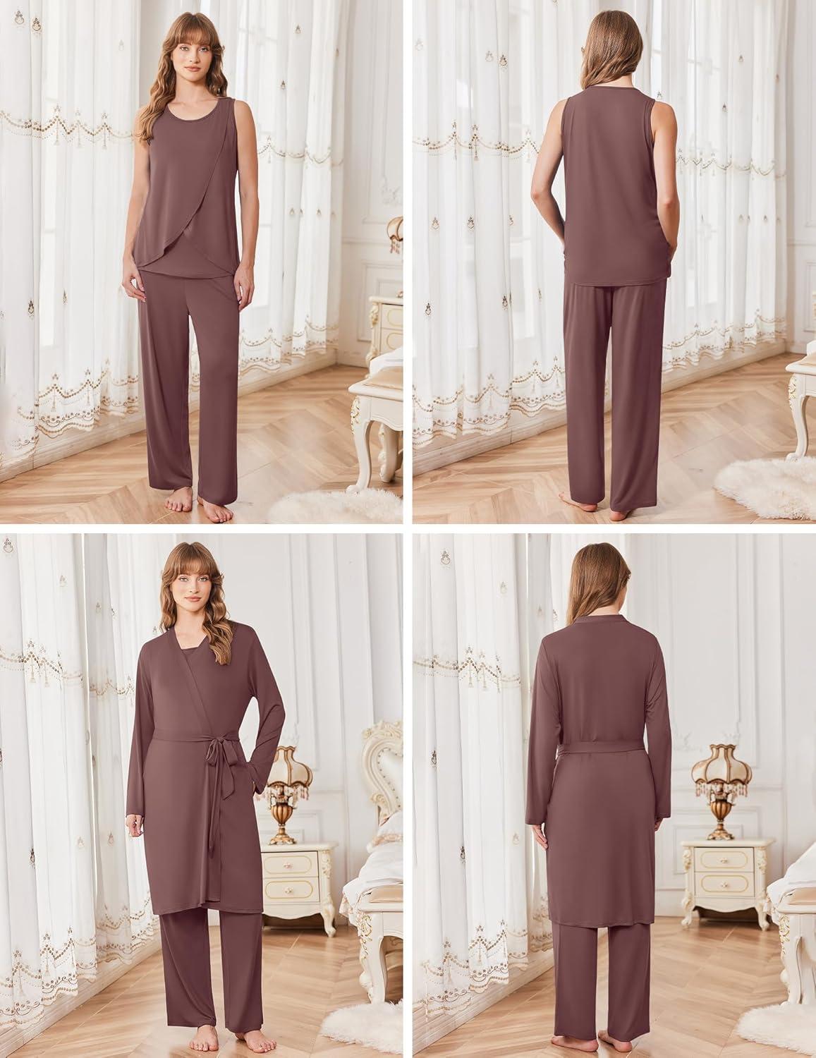 imageEkouaer Maternity Nursing Robe Set 3 Pieces Sleeveless Top Pregnancy Pants amp Robe Double Layer Pajamas SXXLBrown